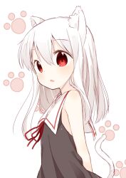 Rule 34 | 1girl, animal ears, blush, character request, copyright request, highres, long hair, looking at viewer, muku (muku-coffee), open mouth, paw print, paw print background, red eyes, simple background, sleeveless, solo, tail, upper body, white background, white hair