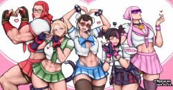 Rule 34 | 5girls, abs, alternate costume, biceps, breasts, bursting breasts, cammy white, capcom, chun-li, crop top, cuffs, embarrassed, english text, glasses, han juri, handcuffs, heart, heart hands, hershuar, large breasts, looking at viewer, manon legrand, marisa (street fighter), miniskirt, multiple girls, muscular, muscular female, navel, sailor collar, shorts, shorts under skirt, skirt, smile, stomach, street fighter, street fighter 6, sunglasses, tall female, thighhighs, thong, toned