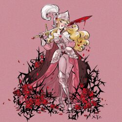 Rule 34 | 1girl, armor, blonde hair, blood, bloody weapon, briar, closed eyes, flower, highres, holding, holding sword, holding weapon, kiddo hah, long hair, open mouth, over shoulder, pink background, red flower, red rose, rose, simple background, sleeping beauty, sleeping beauty (character), sword, teeth, upper teeth only, vambraces, weapon, weapon over shoulder