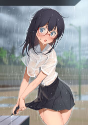 Rule 34 | 1girl, :o, averting eyes, bench, black hair, black skirt, blue eyes, blurry, blurry background, blush, breasts, collared shirt, commentary, commission, furuyama itaru, glasses, grey sky, lamppost, large breasts, long hair, open mouth, original, outdoors, pleated skirt, rain, red-framed eyewear, school uniform, see-through, see-through shirt, shirt, shirt tucked in, skeb commission, skirt, sky, solo, standing, water drop, wet, wet clothes, wet shirt, white shirt, wringing clothes, wringing skirt