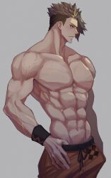 Rule 34 | 1boy, abs, achilles (fate), achilles (fearless diver) (fate), black wristband, closed mouth, collarbone, drawstring, fate/grand order, fate (series), grey background, haruakira, highres, large pectorals, looking to the side, male focus, mature male, muscular, muscular male, navel, no nipples, pectorals, short hair, solo, thumb in beltline, topless, undercut, veins, veiny arms