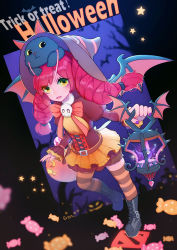 Rule 34 | 1girl, :o, bat (animal), bat wings, black footwear, boots, bow, bowtie, branch, cage, candy, cat, colored skin, dark willow, dota (series), dota 2, dress, eren (artist), food, full body, hair between eyes, halloween, halloween costume, hat, highres, holding, horns, lollipop, long hair, long sleeves, looking at viewer, night, night sky, open mouth, pink hair, pink skin, pumpkin, sky, star (sky), star (symbol), striped clothes, striped legwear, striped thighhighs, thighhighs, tree, twintails, wings, witch, witch hat, yellow eyes