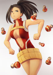 Rule 34 | 10s, 1girl, absurdres, armpits, bare shoulders, belt, belt skirt, black hair, boku no hero academia, breasts, brown eyes, cleavage, clenched hand, collar, cowboy shot, dress, expressionless, floating, floating object, from side, gradient background, grey background, highres, leotard, lips, marlitza, matryoshka doll, navel, red dress, short dress, simple background, solo, standing, thighs, yaoyorozu momo