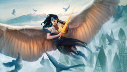Rule 34 | 1girl, absurdres, angel, angel wings, armor, bird, black hair, blindfold, boots, castle, character request, day, fantasy, faulds, feathered wings, flying sweatdrops, greaves, highres, holding, holding sword, holding weapon, long hair, magic: the gathering, nikusenpai, outdoors, scenery, signature, solo, spread wings, sword, weapon, wings