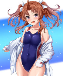Rule 34 | 1girl, ahoge, alternate costume, blush, breasts, brown hair, competition swimsuit, cowboy shot, hair ribbon, highres, jacket, kagerou (kancolle), kagerou kai ni (kancolle), kantai collection, long hair, looking at viewer, md5 mismatch, navel, one-piece swimsuit, open mouth, purple eyes, resolution mismatch, ribbon, small breasts, solo, source larger, sportswear, swimsuit, twintails, water drop, zanntetu