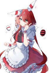 Rule 34 | 1girl, alternate costume, animal ears, apron, dress, ear covers, enmaided, frilled apron, frills, green eyes, hair over one eye, highres, horse ears, horse girl, index finger raised, low twintails, maid, maid apron, multicolored hair, puffy short sleeves, puffy sleeves, red dress, red hair, sb (akagikeai), short sleeves, simple background, solo, streaked hair, twintails, umamusume, waist apron, white apron, white background, white hair, win variation (umamusume)