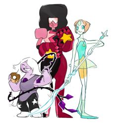 Rule 34 | 3girls, ^ ^, afro, amethyst (steven universe), bad id, bad pixiv id, closed eyes, garnet (steven universe), gauntlets, grin, happy, looking at viewer, multiple girls, pearl (steven universe), polearm, simple background, smile, steven universe, sunglasses, tomo (artist), weapon, whip, white background