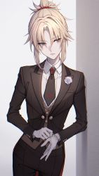 Rule 34 | 1girl, black necktie, blonde hair, blouse, braid, breasts, closed mouth, collar, collared shirt, fate/apocrypha, fate/grand order, fate (series), flower, formal, french braid, glove pull, gloves, green eyes, hair ornament, hair scrunchie, highres, long hair, mordred (fate), mordred (fate/apocrypha), mordred (formal dress) (fate), necktie, nn 0 to, ponytail, red scrunchie, scrunchie, shirt, short hair, small breasts, solo, suit, tuxedo, vest, white flower, white shirt