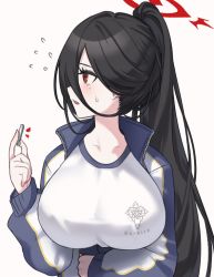 Rule 34 | 1girl, black hair, blue archive, breasts, gym shirt, gym uniform, halo, hasumi (blue archive), hasumi (track) (blue archive), holding, holding whistle, jacket, large breasts, long hair, looking to the side, mimit 4, mole, mole under eye, open clothes, open jacket, ponytail, red eyes, shirt, solo, sweatdrop, track jacket, whistle, white shirt