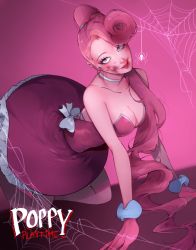 Rule 34 | blood, breasts, cleavage, colored skin, dress, gloves, humanization, lipstick, long hair, makeup, mommy long legs, off-shoulder dress, off shoulder, personification, pink skin, poppy playtime, side ponytail, silk, spider web