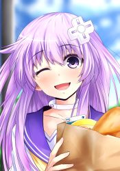 Rule 34 | 1girl, ;d, bag, bread, carrying bag, choker, collarbone, d-pad, d-pad hair ornament, day, food, groceries, grocery bag, hair ornament, hairclip, long hair, looking at viewer, nepgear, neptune (series), one eye closed, open mouth, pudding, purple eyes, purple hair, shopping bag, smile, solo, upper body, warabi mochi (ehimedaisuki)