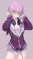 Rule 34 | 1girl, absurdres, adjusting hair, bow, bowtie, breasts, buttons, cardigan, cleavage, commentary request, cowboy shot, crack, cracked glass, gridman universe, hair between eyes, headphones, highres, jacket, large breasts, long sleeves, looking at viewer, looking over eyewear, looking over glasses, no pants, partially unzipped, pink eyes, purple bow, purple bowtie, purple hair, purple jacket, shinjou akane, short hair, simple background, sleeves past wrists, smile, solo, ssss.gridman, standing, sunglasses, tinted eyewear, white cardigan, yellow-tinted eyewear, yellow-tinted glasses, yukikaze (aaassszzz), zipper