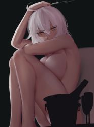 Rule 34 | 1girl, absurdres, ahoge, alcohol, bad id, bad pixiv id, black background, bottle, breasts, bucket, cigarette, couch, eyebrows, fate/grand order, fate (series), highres, jeanne d&#039;arc (fate), jeanne d&#039;arc alter (avenger) (fate), jeanne d&#039;arc alter (fate), legs together, looking at viewer, medium breasts, medium hair, nude, smoke, smoke trail, white hair, wine, wine bottle, yellow eyes, zaki (zaki btw)
