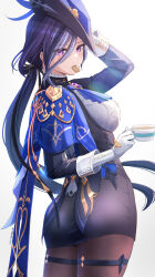 Rule 34 | 1girl, artist name, ass, ass focus, blue hair, blush, breasts, clorinde (genshin impact), crumbs, cup, eating, food, food in mouth, food on face, from behind, genshin impact, gloves, hat, highres, holding, holding cup, large breasts, long hair, long sleeves, looking at viewer, looking back, mitsukayurie, mouth hold, purple eyes, simple background, solo, thighs, white background, white gloves