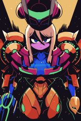Rule 34 | 1girl, absurdres, arm cannon, blonde hair, blue eyes, bodysuit, dark background, furrowed brow, helmet, highres, jaggy lines, long hair, looking at viewer, metroid, mole, mole under mouth, nintendo, rariatto (ganguri), samus aran, serious, shaded face, solo, varia suit, weapon, zero suit