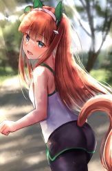 Rule 34 | absurdres, alternate costume, animal ears, ass, blue eyes, blurry, blurry background, blush, commentary request, hair ornament, headband, highres, horse ears, horse girl, horse tail, long hair, looking at viewer, open mouth, orange hair, pantyhose, sg (esujii), shorts, silence suzuka (umamusume), solo, tail, umamusume