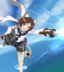 Rule 34 | 1girl, animal ears, blue sky, blush, brown eyes, brown hair, cat ears, cat tail, day, flying, gun, holding, holding gun, holding sword, holding weapon, kaneko (novram58), katana, long sleeves, nishizawa yoshiko, open mouth, pleated skirt, scarf, school uniform, serafuku, short hair, skirt, sky, smile, solo, strike witches, striker unit, sword, tail, type 99 cannon, weapon, world witches series