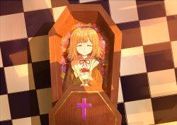 Rule 34 | 1girl, absurdres, brown jacket, checkered background, checkered floor, chess piece, closed eyes, coffin, collared shirt, commentary request, danganronpa (series), danganronpa 3 (anime), dress shirt, facing viewer, flower, flower request, hair flower, hair ornament, hands up, highres, hope&#039;s peak academy school uniform, jacket, light brown hair, long sleeves, lying, medium hair, nanami chiaki, neck ribbon, on back, open clothes, open jacket, pink ribbon, red flower, red ribbon, ribbon, rose, school uniform, shirt, smile, solo, spider lily, spoilers, tianmen zengyi, tile floor, tiles