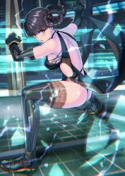 Rule 34 | 1girl, ass, black gloves, black thighhighs, bracelet, braid, breasts, brown eyes, brown hair, dead or alive, electricity, fighting stance, gloves, highres, jewelry, lei fang, looking at viewer, medium breasts, tecmo, thighhighs, thong, twin braids, yagi2013