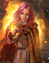 Rule 34 | 1girl, bob cut, brooch, brown cloak, burning, cloak, elden ring, embers, facial mark, fire, flaming hand, grey tunic, highres, jashoang, jewelry, leather belt, looking at viewer, medium hair, melina (elden ring), one eye closed, outstretched hand, pink hair, reaching, reaching towards viewer, yellow eyes