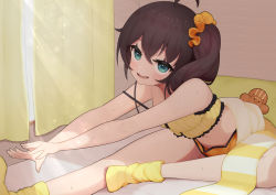 Rule 34 | 1girl, absurdres, ahoge, bed, blue eyes, brown hair, camisole, collarbone, curtains, dolphin shorts, highres, hololive, lunch boxer, matsurisu, midriff, natsuiro matsuri, natsuiro matsuri (matsuri&#039;s day off), navel, scrunchie, shorts, side ponytail, sitting, sleepwear, smile, socks, solo, stretching, sweat, virtual youtuber
