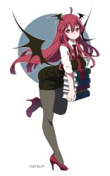 Rule 34 | 1girl, ahoge, bat wings, black pantyhose, black skirt, blush, book, book stack, breast rest, breasts, bright pupils, circle, full body, head wings, high heels, highres, holding, holding book, koakuma, large breasts, long hair, looking at viewer, low wings, miniskirt, namauni, necktie, pantyhose, pencil skirt, red eyes, red hair, simple background, skirt, skirt set, solo, standing, standing on one leg, touhou, vest, white background, white pupils, wings