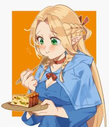 Rule 34 | 1girl, blonde hair, blue capelet, blue dress, braid, breasts, capelet, chewing, choker, cleavage, closed mouth, dress, dungeon meshi, eating, elf, food, french braid, green eyes, hair around ear, half updo, hand up, happy, heart, holding, holding plate, holding spoon, hood, hood down, hooded capelet, long hair, long sleeves, looking down, m7lka, marcille donato, medium breasts, multiple braids, orange background, outside border, parted bangs, pie, pie slice, plate, pointy ears, side braid, smile, solo, spoon, upper body
