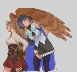 Rule 34 | 2girls, ahoge, arm grab, belt, belt buckle, blue eyes, blue hair, bow, bowtie, breasts, brown hair, buckle, commentary, dagger, detached sleeves, english commentary, feather hair ornament, feathers, gloves, grey background, hair between eyes, hair ornament, hands on own hips, highres, hololive, hololive english, knife, miniskirt, multiple girls, nanashi mumei, ouro kronii, owl girl, owl wings, ponytail, sheath, sheathed, short hair, simple background, skirt, spacemakii, thighhighs, virtual youtuber, weapon, wings