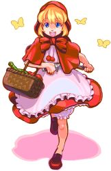 Rule 34 | 1girl, apple, apron, basket, blonde hair, bloomers, blue eyes, bottle, bow, bug, bulleta, butterfly, capcom, capelet, dress, food, fruit, highres, insect, knife, looking at viewer, open mouth, pom pom (clothes), red capelet, red dress, red footwear, red hood, shoes, simple background, smile, solo, underwear, vampire (game)