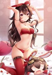 Rule 34 | 1girl, amber (genshin impact), arm strap, armpits, arms up, bandeau, bare arms, bare shoulders, baron bunny (genshin impact), bed sheet, black choker, bra, breasts, brown hair, choker, cleavage, genshin impact, gold trim, hair ribbon, jewelry, kneeling, leg belt, long hair, looking at viewer, medium breasts, navel, necklace, no shoes, on bed, panties, petals, red bra, red eyes, red panties, red thighhighs, ribbon, rimuu, skindentation, smile, solo, stomach, strapless, strapless bra, thighhighs, thighs, tube top, underwear, underwear only