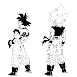 Rule 34 | dragon ball, fenyon, from behind, highres, monochrome, muscular, muscular male, official art, son goku, spiked hair, standing, super saiyan, tagme, toriyama akira (style), torn clothes, transformation