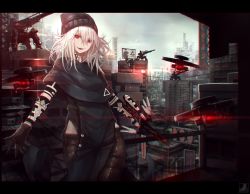Rule 34 | 1girl, albino, beanie, black pants, capelet, city, commentary, cyberpunk, fang, hair between eyes, hat, highres, letterboxed, long hair, looking at viewer, mechanical arms, mihato senba, original, outstretched arms, pants, pelvic curtain, red eyes, science fiction, shawl, smile, solo, spread arms, white hair