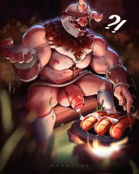 Rule 34 | 1boy, alternate muscle size, bara, beard, body fur, brown hair, cooking, cum, cum on food, dungeon meshi, dwarf, facial hair, fake horns, feet out of frame, food, foreskin, girthy penis, hairy, helmet, highres, holding, holding plate, horned helmet, horns, incoming food, large pectorals, long beard, looking at viewer, male focus, muscular, muscular male, mustache, navel, navel hair, nekotine art, nipples, no male underwear, pectorals, penis, plate, sausage, senshi (dungeon meshi), sitting, solo, sparse chest hair, spread legs, thick mustache, topless male, very long beard