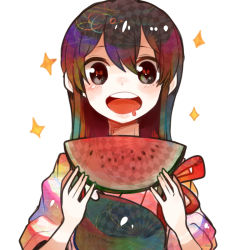 Rule 34 | 10s, 1girl, akagi (kancolle), bad id, bad pixiv id, brown eyes, brown hair, food, fruit, heart, heart-shaped pupils, itomugi-kun, japanese clothes, kantai collection, long hair, muneate, open mouth, personification, smile, solo, sparkle, symbol-shaped pupils, watermelon