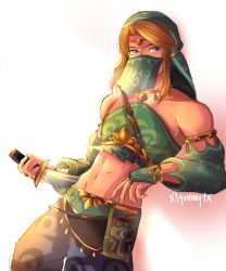 Rule 34 | 1boy, arabian clothes, armband, armlet, artist name, baggy pants, bandeau, bare shoulders, blonde hair, blue eyes, blue gloves, blue headwear, blue sleeves, bridal gauntlets, collarbone, covered mouth, crop top, dagger, detached sleeves, diadem, gem, gerudo set (zelda), gloves, halterneck, harem pants, holding, holding dagger, holding knife, holding weapon, knife, link, long sleeves, looking to the side, male focus, midriff, mouth veil, navel, nintendo, pants, polka dot, solo, standing, strapless, the legend of zelda, the legend of zelda: breath of the wild, veil, weapon, x1yummy1x