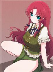 Rule 34 | 1girl, aqua eyes, braid, brown background, china dress, chinese clothes, closed mouth, dress, gradient background, green dress, highres, hong meiling, long hair, looking at viewer, no headwear, red hair, rei (tonbo0430), short sleeves, smile, solo, thighs, touhou, twin braids