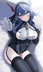 Rule 34 | 1girl, absurdres, ako (blue archive), animal hands, bell, black skirt, black thighhighs, blue archive, blue eyes, blue hair, blue jacket, blush, breasts, buttons, collar, cowbell, double-breasted, garter straps, gloves, hair between eyes, hair ribbon, hairband, halo, highres, jacket, large breasts, long hair, long sleeves, looking at viewer, miniskirt, nicky w, paw gloves, pencil skirt, ribbon, sideboob, skirt, solo, thighhighs, thighs, underbust