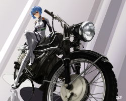 Rule 34 | 1girl, ayanami rei, blue hair, bmw, expressionless, gyicarus, hair ornament, hair ribbon, looking at viewer, md5 mismatch, motor vehicle, motorcycle, neon genesis evangelion, plugsuit, red eyes, ribbon, short hair, sitting, solo, vehicle