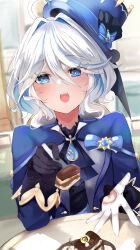 1girl absurdres bimmy black_gloves blue_bow blue_eyes blue_hair blue_hat blue_jacket blush bow cake chocolate_cake food fork furina_(genshin_impact) genshin_impact gloves hair_between_eyes hat hat_bow heterochromia highres holding holding_fork jacket jewelry long_sleeves looking_at_viewer medium_hair multicolored_hair open_mouth shared_food smile solo streaked_hair symbol-shaped_pupils teeth top_hat white_gloves white_hair