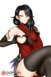 Rule 34 | 1girl, black hair, breasts, cinder fall, detached sleeves, elbow gloves, feathers, gloves, heart-shaped boob challenge, highres, kimmy77, crossed legs, long hair, medium breasts, nipples, one breast out, patreon logo, rwby, skindentation, solo, thighhighs, thighs, watermark, web address, white background, yellow eyes