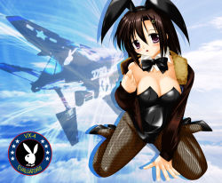 Rule 34 | 1girl, aircraft, airplane, animal ears, bow, bowtie, breasts, rabbit ears, playboy bunny, cleavage, f-4 phantom ii, fake animal ears, fighter jet, fishnet pantyhose, fishnets, high heels, hiyou jun, jacket, jet, large breasts, military, military vehicle, navy, pantyhose, playboy, shoes, solo