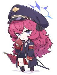 Rule 34 | 1girl, armband, black shirt, blue archive, book, chibi, halo, hat, iroha (blue archive), jacket, looking at viewer, military, military hat, military uniform, minoa (lastswallow), necktie, purple background, red hair, red necktie, safety pin, shirt, simple background, solo, uniform