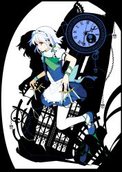 Rule 34 | 1girl, apron, braid, buttons, clock, cross, earrings, embodiment of scarlet devil, female focus, flat color, ideolo, izayoi sakuya, jewelry, knife, legs, maid, maid apron, maid headdress, red eyes, ribbon, shadow, short hair, solo, thighhighs, throwing knife, touhou, twin braids, vest, waist apron, weapon, white hair, white thighhighs, wrist ribbon, wristband