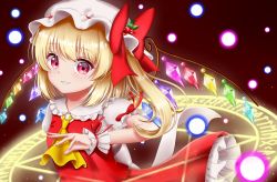 Rule 34 | 1girl, arm up, blonde hair, blush, commentary request, cranberry, danmaku, embodiment of scarlet devil, flandre scarlet, gradient background, grin, hat, hat ornament, hat ribbon, hexagram, highres, looking at viewer, magic circle, mob cap, nyanyanoruru, partial commentary, puffy short sleeves, puffy sleeves, red background, red eyes, red skirt, red vest, ribbon, runes, shirt, short sleeves, side ponytail, simple background, skirt, smile, solo, touhou, vest, white hat, white shirt, wide-eyed, wings, wrist cuffs, yellow neckwear