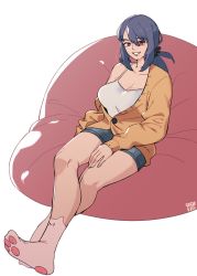 Rule 34 | 1girl, blue hair, borrowed character, breasts, cleavage, commentary, english commentary, hand on own thigh, highres, large breasts, looking to the side, original, red eyes, sitting, smile, snowcie, soles, solo