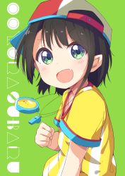 Rule 34 | 1girl, :d, absurdres, baseball cap, black hair, blush, clenched hand, fang, green background, green eyes, hat, highres, hololive, looking at viewer, okota mikan, oozora subaru, oozora subaru (1st costume), open mouth, pointy ears, shirt, short sleeves, simple background, smile, solo, stopwatch, striped clothes, striped shirt, upper body, vertical-striped clothes, vertical-striped shirt, virtual youtuber, watch, whistle, whistle around neck, yellow shirt