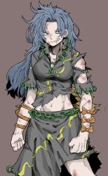 Rule 34 | 1girl, absurdres, arm ribbon, arm strap, blue eyes, blue hair, bow, breasts, chain belt, cleavage, collared shirt, commentary request, fe (tetsu), green shirt, green skirt, grey background, groin, highres, himemushi momoyo, jewelry, long hair, medium breasts, messy hair, midriff, multiple rings, orange bow, orange ribbon, ribbon, ring, shin strap, shirt, short sleeves, skirt, skirt set, solo, torn clothes, touhou, very long hair