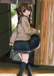 Rule 34 | 1girl, black sailor collar, black skirt, black socks, brown eyes, brown hair, brown sweater, commentary request, feet out of frame, folded ponytail, from behind, inazuma (kancolle), kantai collection, kneehighs, long hair, looking at viewer, looking back, neckerchief, nukoyarou, pleated skirt, red neckerchief, sailor collar, school uniform, serafuku, skirt, socks, solo, sweater