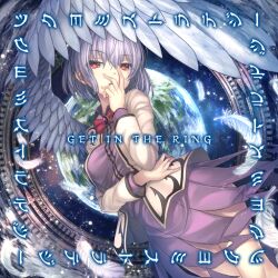 Rule 34 | 1girl, album cover, bow, bowtie, breasts, brooch, circle name, cover, covering own mouth, dress, earth (planet), feathered wings, feathers, feet out of frame, game cg, get in the ring, grey hair, grey jacket, hair between eyes, hand up, jacket, janne cherry, jewelry, kishin sagume, light particles, long sleeves, looking at viewer, medium breasts, official art, open clothes, open jacket, planet, purple dress, red bow, red bowtie, red eyes, short dress, short hair, single wing, solo, thighs, touhou, touhou cannonball, white wings, wings