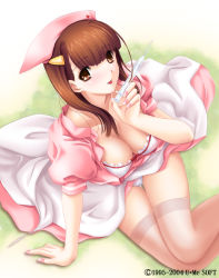 Rule 34 | 1girl, :p, breasts, brown eyes, brown hair, fingernails, hat, large breasts, looking up, nail, needle, nurse, nurse cap, solo, syringe, thighhighs, tongue, tongue out